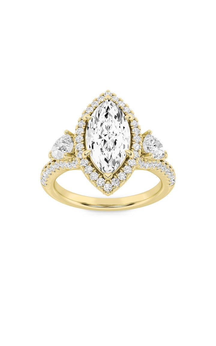 3Cttw Marquise Shaped Lab Grown Diamond (F/VS) Three Stone Bold Accented Engagement Ring in 14K Gold