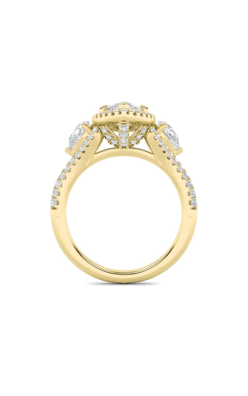 3Cttw Marquise Shaped Lab Grown Diamond (F/VS) Three Stone Bold Accented Engagement Ring in 14K Gold