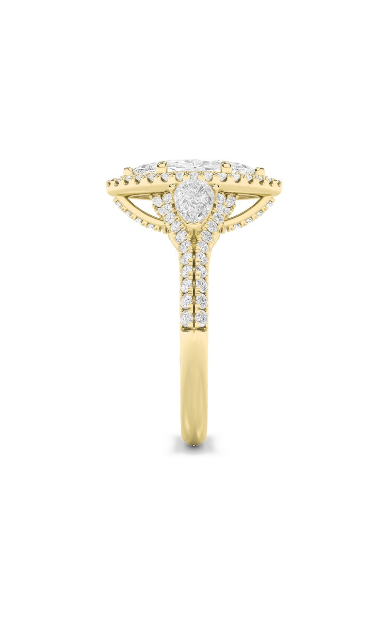 3Cttw Marquise Shaped Lab Grown Diamond (F/VS) Three Stone Bold Accented Engagement Ring in 14K Gold