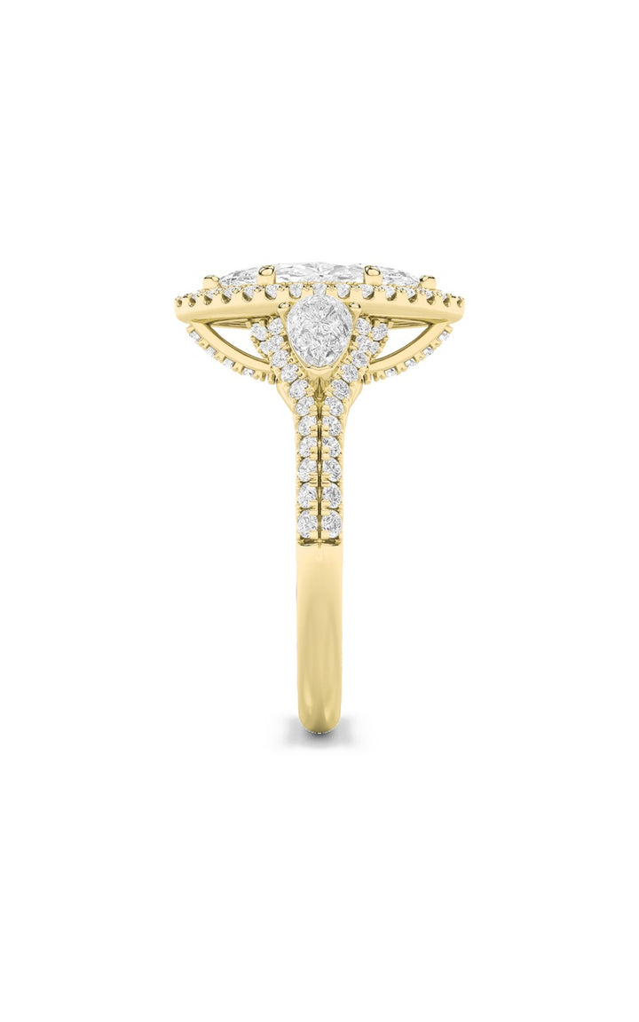 3Cttw Marquise Shaped Lab Grown Diamond (F/VS) Three Stone Bold Accented Engagement Ring in 14K Gold