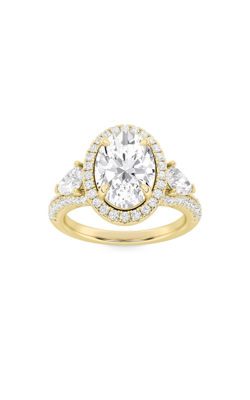 3Cttw Oval Shaped Lab Grown Diamond (F/VS) Three Stone Bold Accented Engagement Ring in 14K Gold