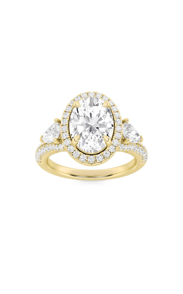 3Cttw Oval Shaped Lab Grown Diamond (F/VS) Three Stone Bold Accented Engagement Ring in 14K Gold