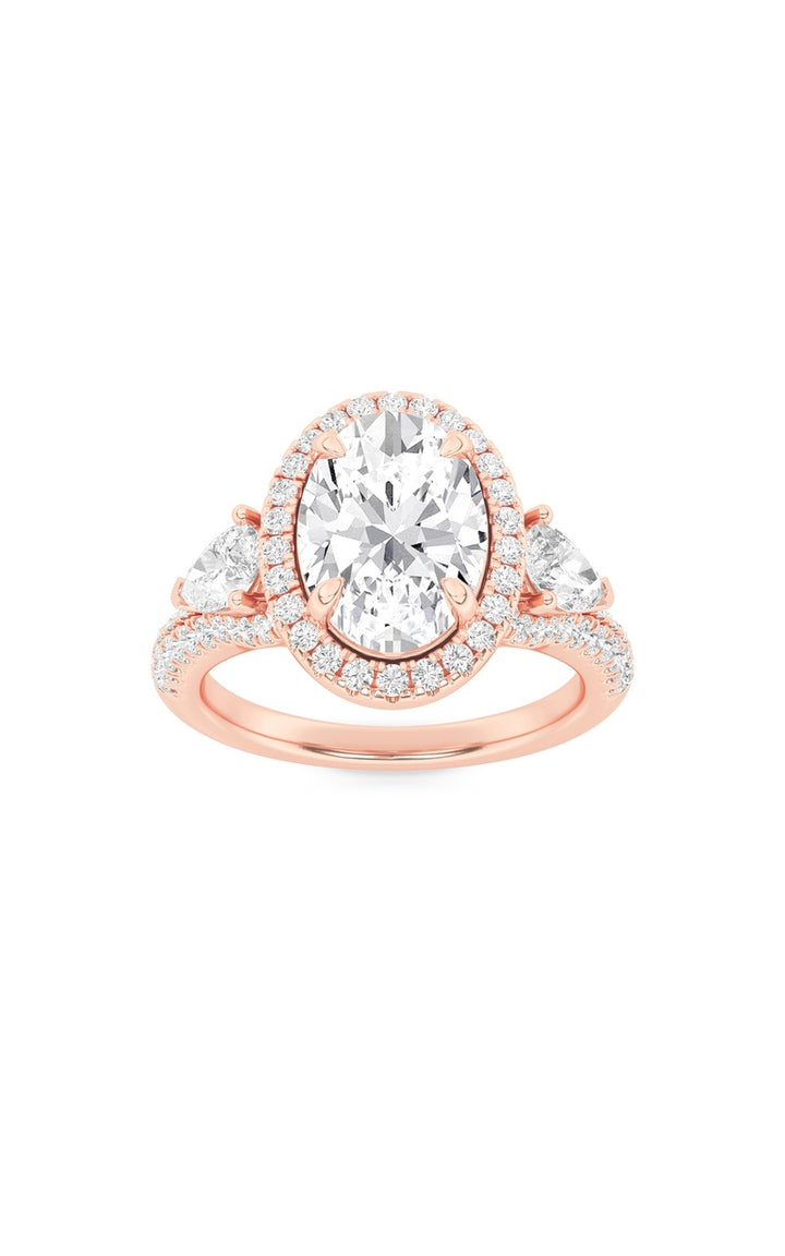 3Cttw Oval Shaped Lab Grown Diamond (F/VS) Three Stone Bold Accented Engagement Ring in 14K Gold