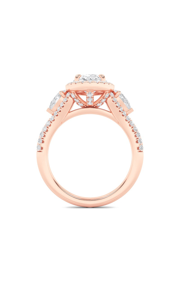 3Cttw Oval Shaped Lab Grown Diamond (F/VS) Three Stone Bold Accented Engagement Ring in 14K Gold