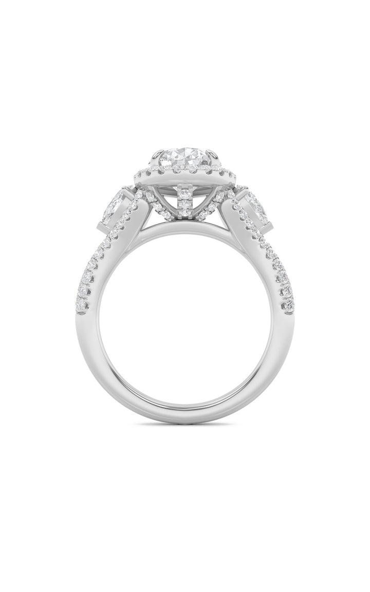 3Cttw Pear Shaped Lab Grown Diamond (F/VS) Three Stone Bold Accented Engagement Ring in 14K Gold