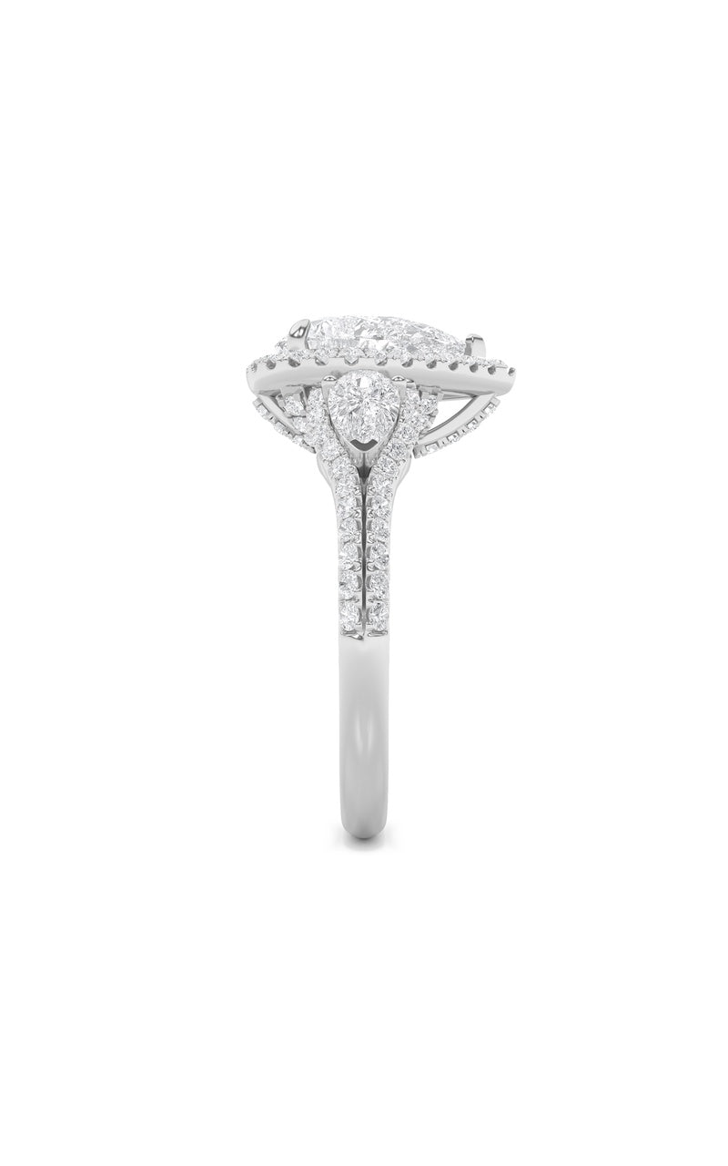 3Cttw Pear Shaped Lab Grown Diamond (F/VS) Three Stone Bold Accented Engagement Ring in 14K Gold