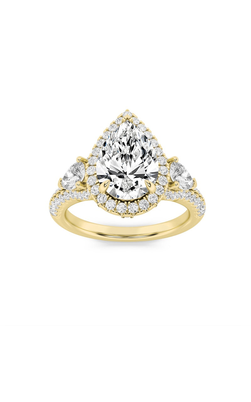3Cttw Pear Shaped Lab Grown Diamond (F/VS) Three Stone Bold Accented Engagement Ring in 14K Gold