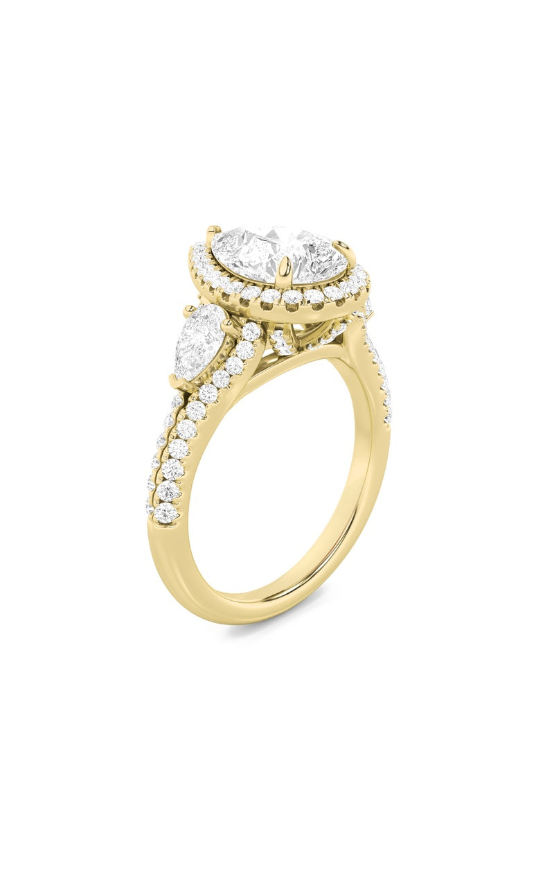 3Cttw Pear Shaped Lab Grown Diamond (F/VS) Three Stone Bold Accented Engagement Ring in 14K Gold