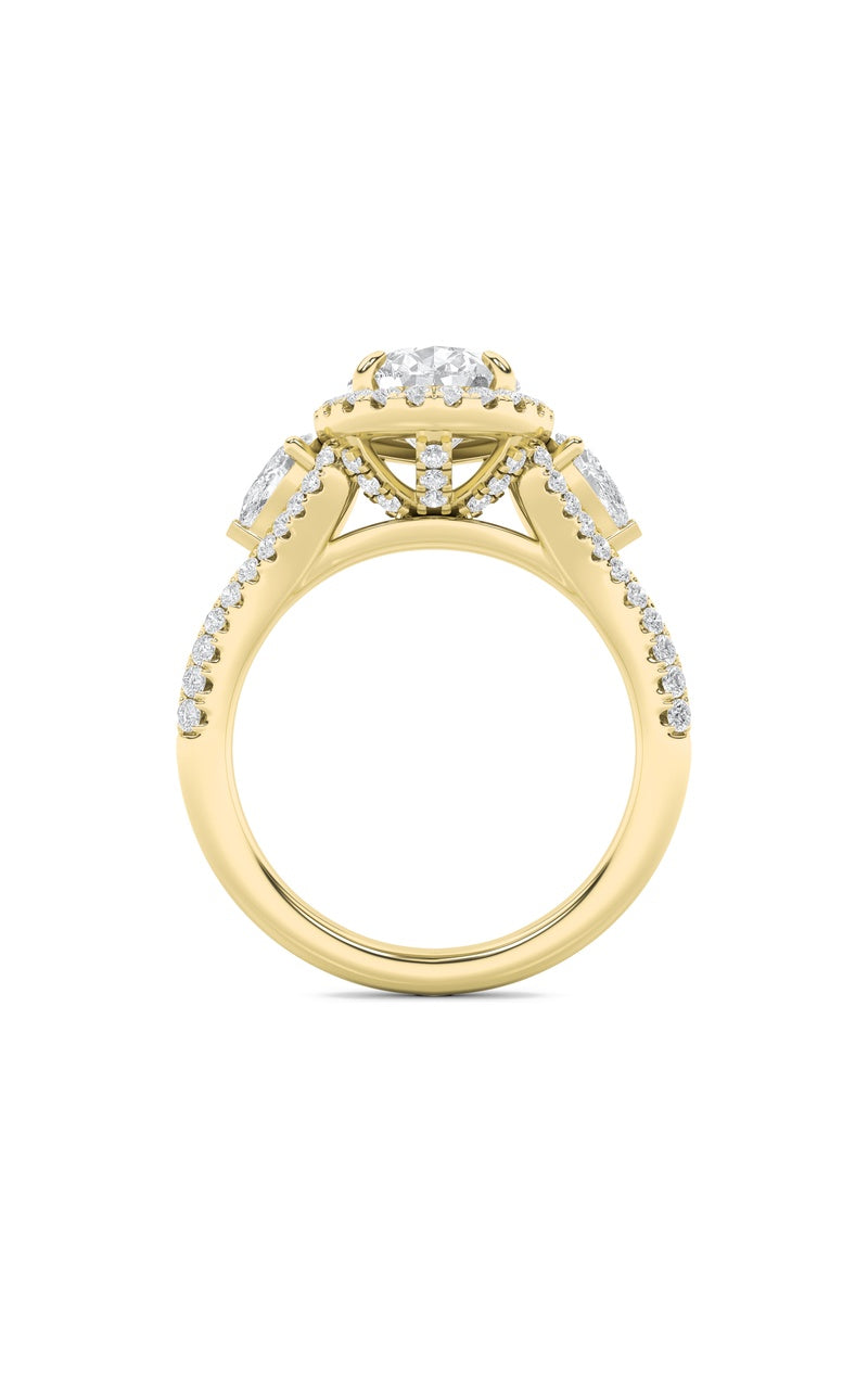 3Cttw Pear Shaped Lab Grown Diamond (F/VS) Three Stone Bold Accented Engagement Ring in 14K Gold