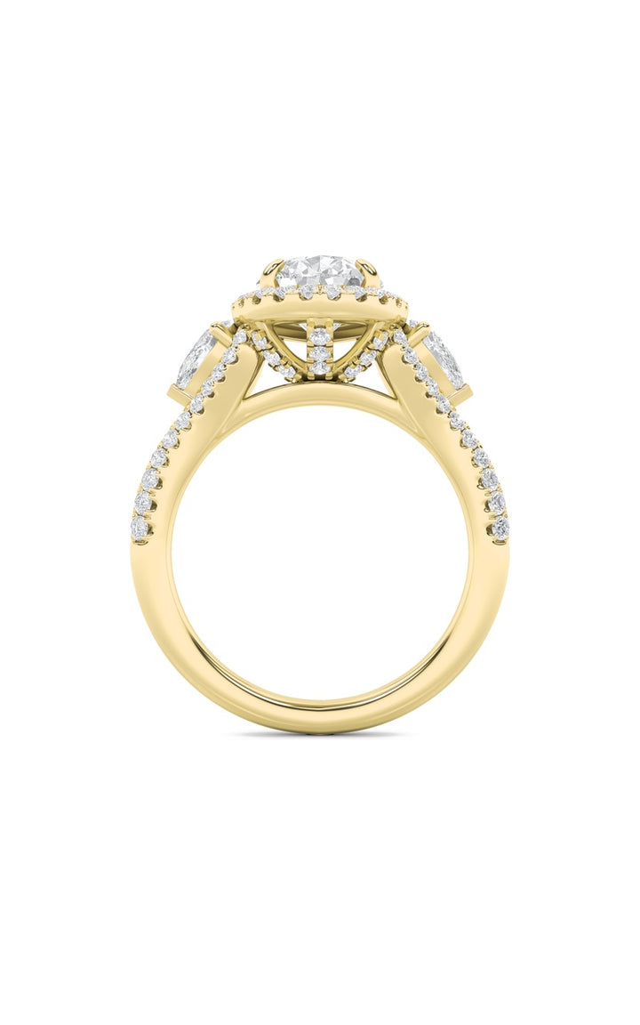 3Cttw Pear Shaped Lab Grown Diamond (F/VS) Three Stone Bold Accented Engagement Ring in 14K Gold