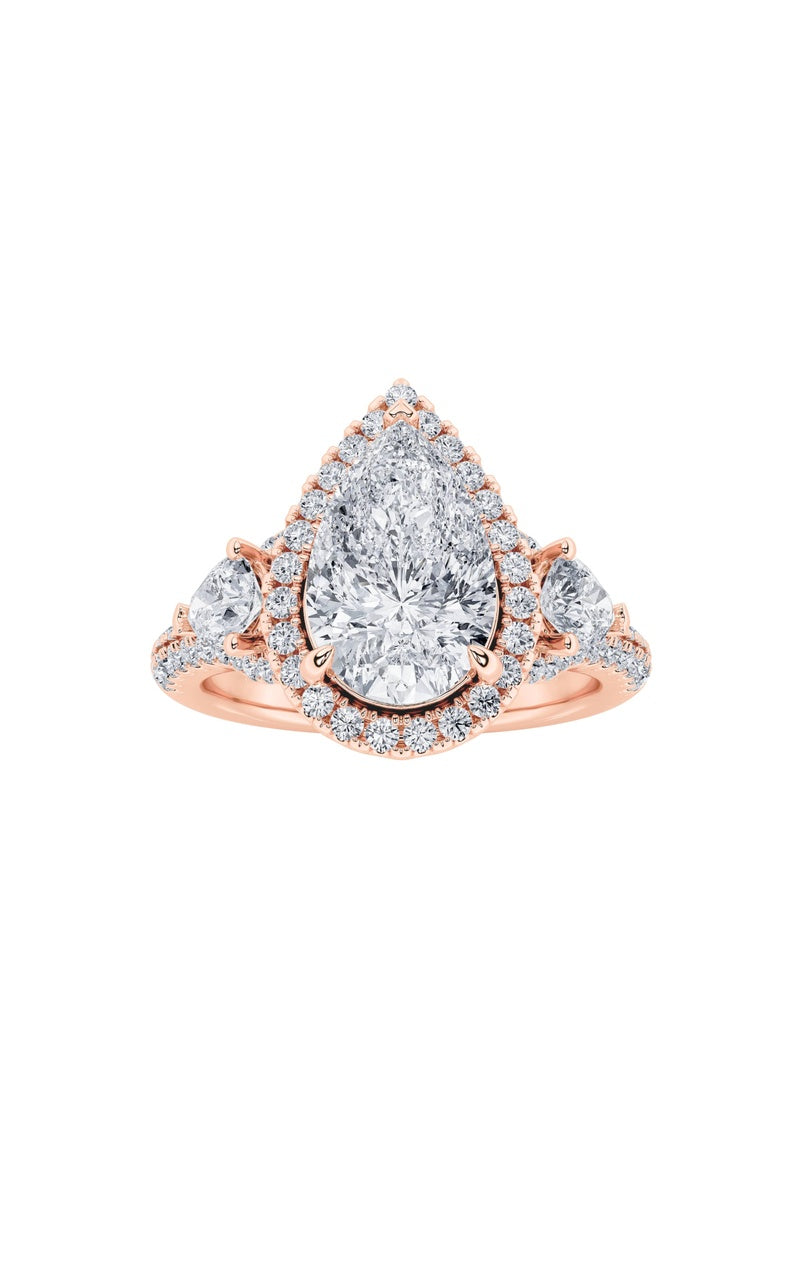 3Cttw Pear Shaped Lab Grown Diamond (F/VS) Three Stone Bold Accented Engagement Ring in 14K Gold