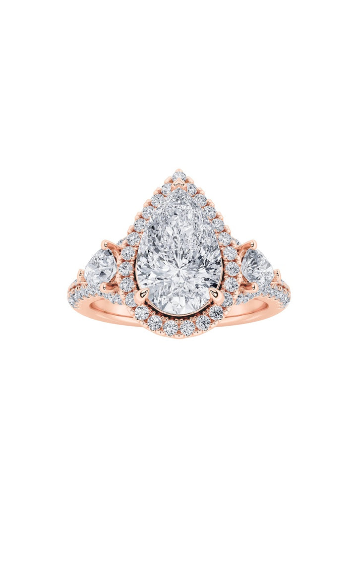 3Cttw Pear Shaped Lab Grown Diamond (F/VS) Three Stone Bold Accented Engagement Ring in 14K Gold