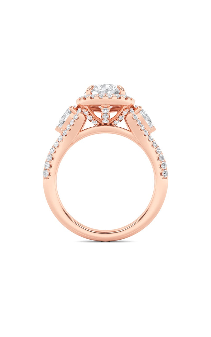 3Cttw Pear Shaped Lab Grown Diamond (F/VS) Three Stone Bold Accented Engagement Ring in 14K Gold