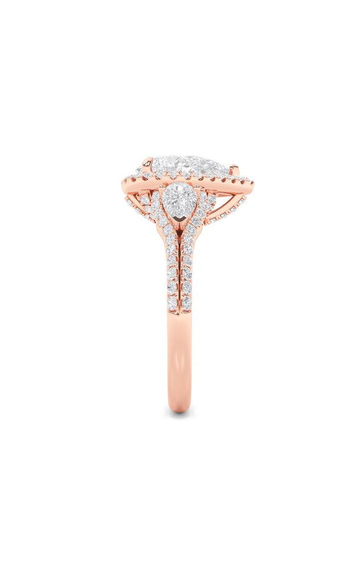 3Cttw Pear Shaped Lab Grown Diamond (F/VS) Three Stone Bold Accented Engagement Ring in 14K Gold