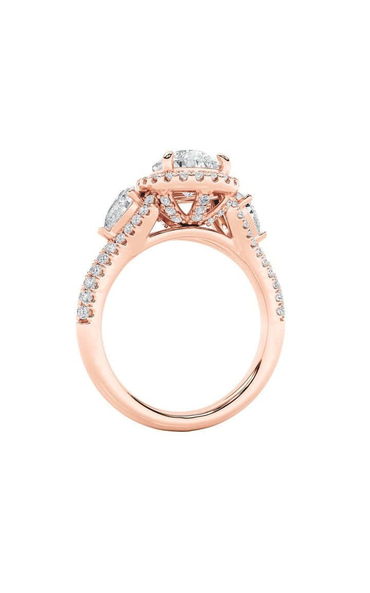 3Cttw Pear Shaped Lab Grown Diamond (F/VS) Three Stone Bold Accented Engagement Ring in 14K Gold