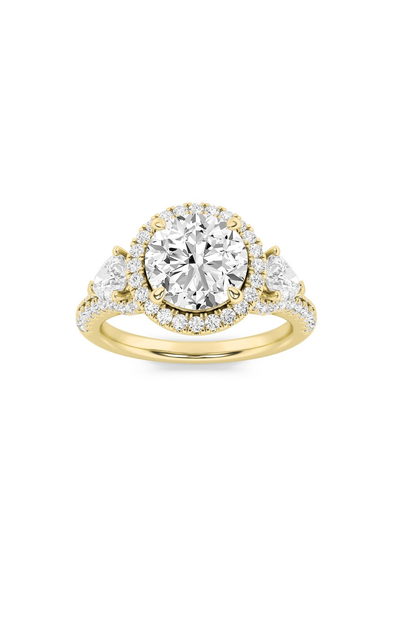 3CTW Round Shaped Lab Grown Diamond (F/VS) Three Stone Bold Accented Engagement Ring in 14K Gold