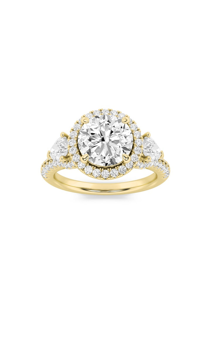 3CTW Round Shaped Lab Grown Diamond (F/VS) Three Stone Bold Accented Engagement Ring in 14K Gold