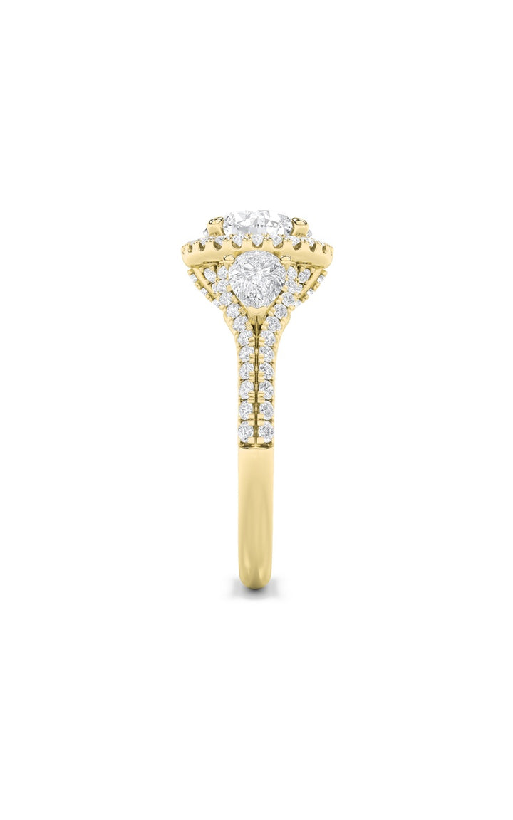 3CTW Round Shaped Lab Grown Diamond (F/VS) Three Stone Bold Accented Engagement Ring in 14K Gold