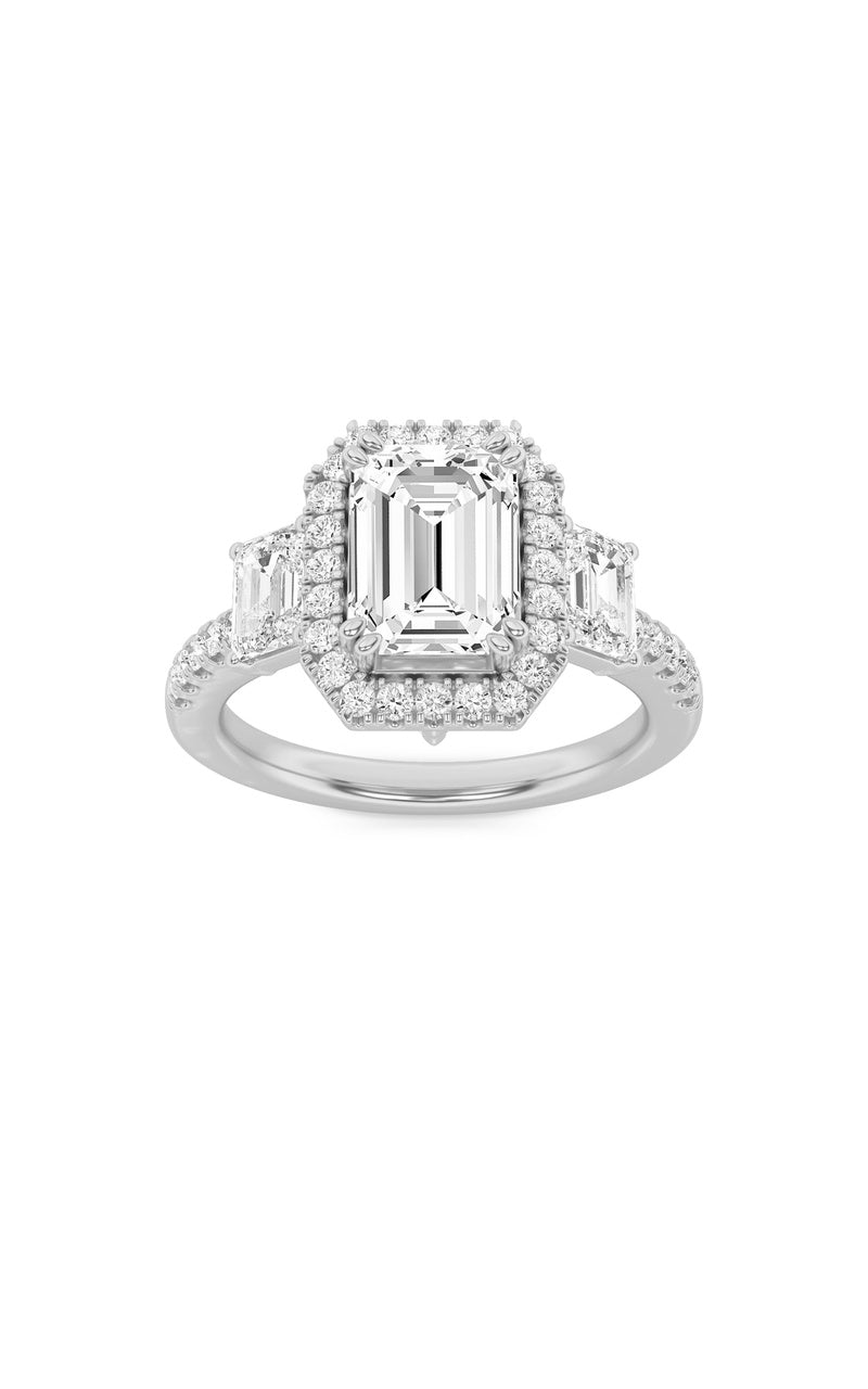 3Cttw Emerald Shaped Lab Grown Diamond (G/VS) Three Stone Accented Engagement Ring in 14K Gold