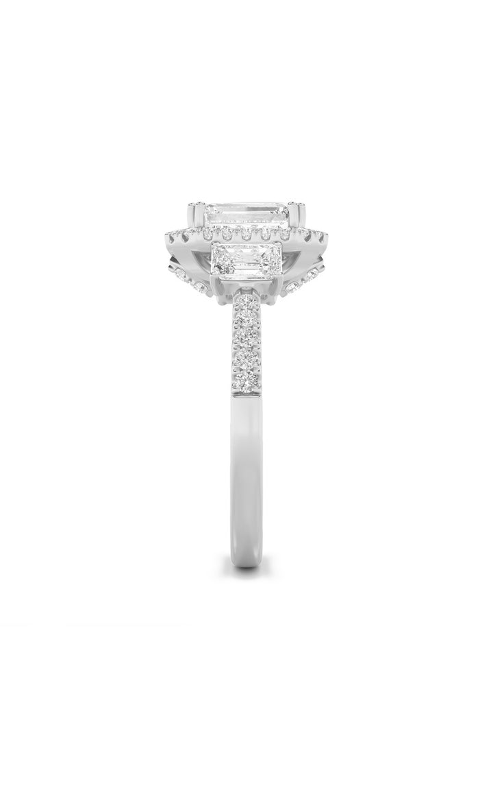 3Cttw Emerald Shaped Lab Grown Diamond (G/VS) Three Stone Accented Engagement Ring in 14K Gold