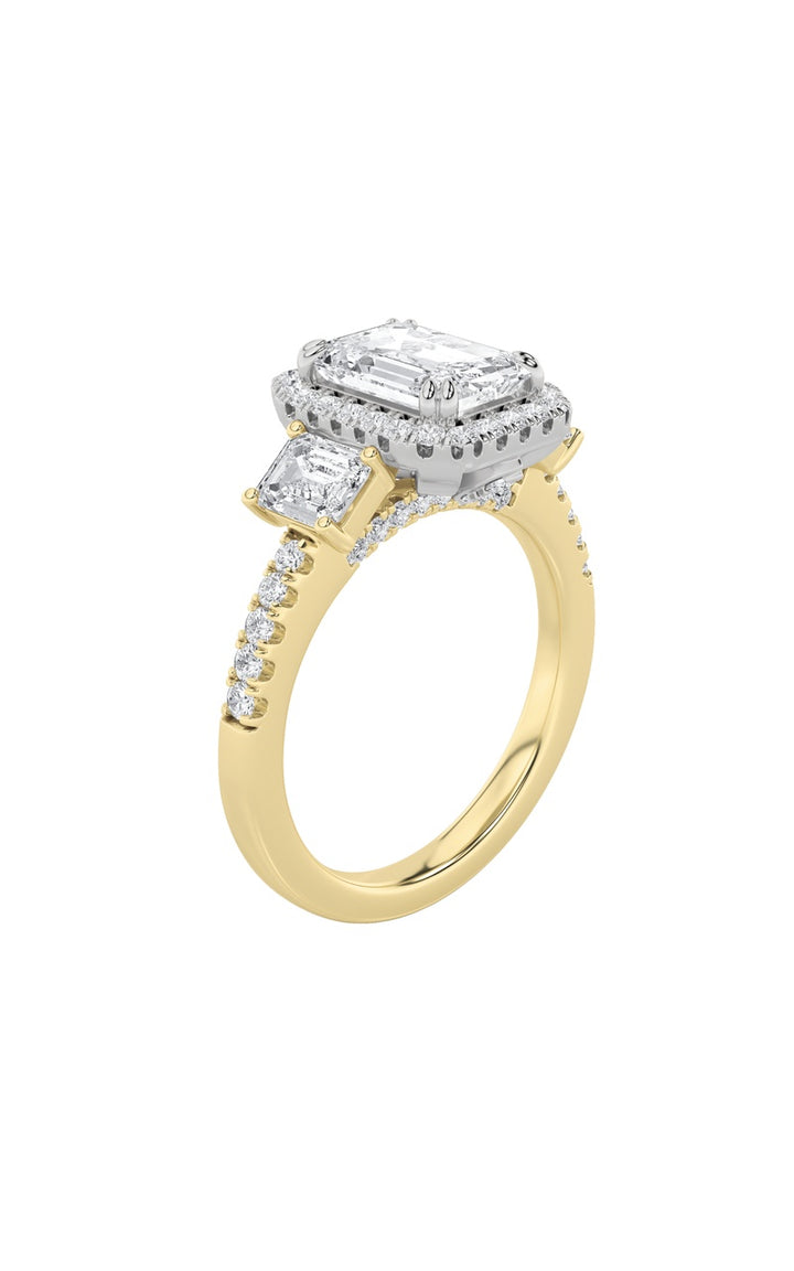 3Cttw Emerald Shaped Lab Grown Diamond (G/VS) Three Stone Accented Engagement Ring in 14K Gold