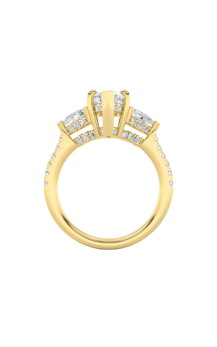 3Cttw Marquise Shaped Lab Grown Diamond (F/VS) Three Stone Accented Engagement Ring in 14K Gold