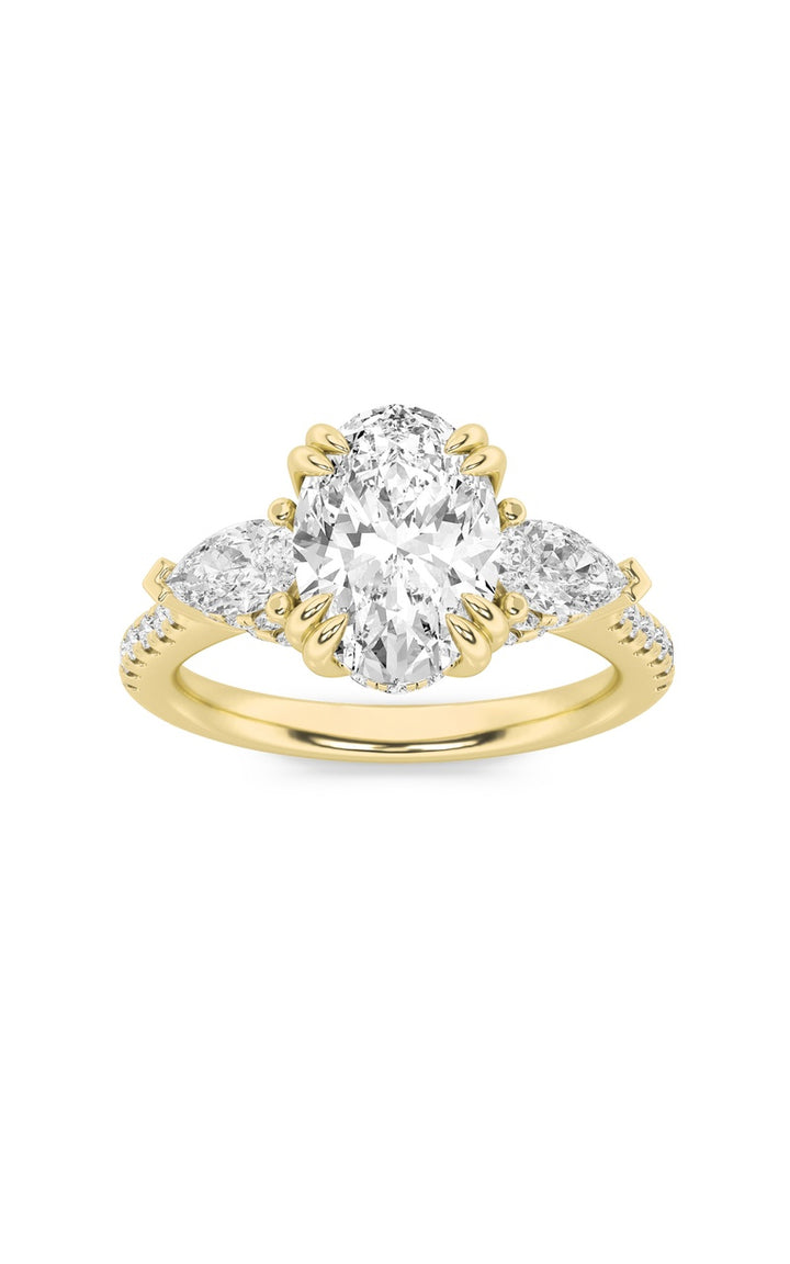 3Cttw Oval Shaped Lab Grown Diamond (F/VS) Three Stone Accented Engagement Ring in 14K Gold