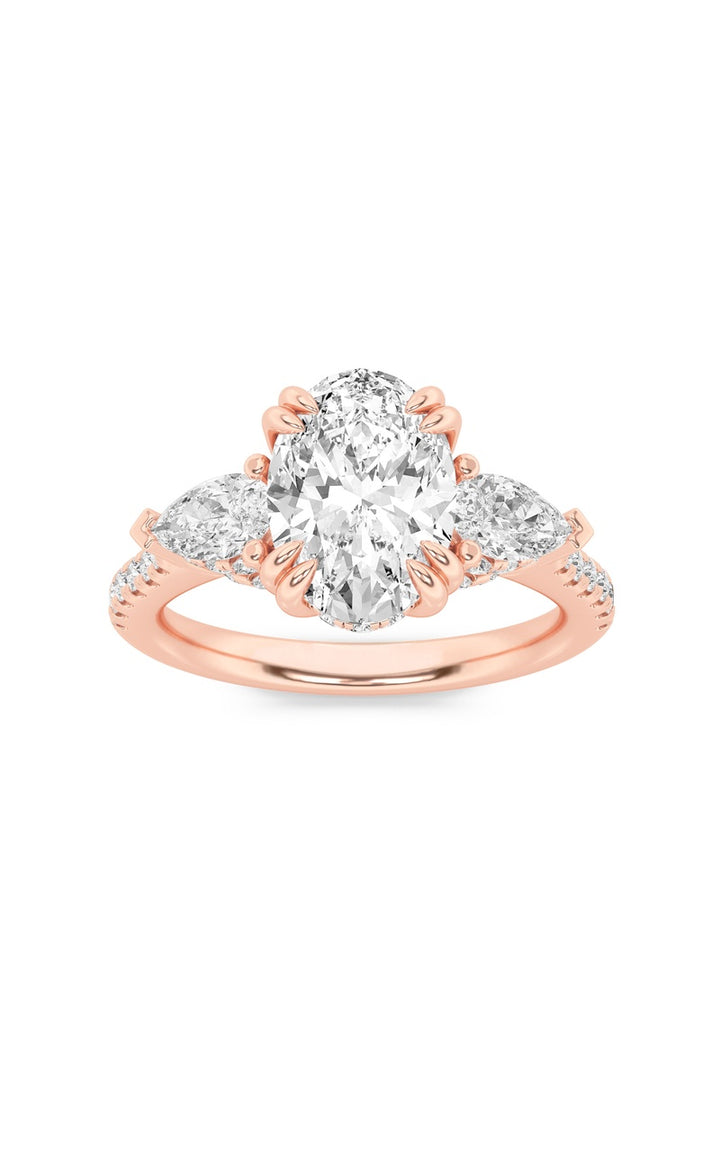 3Cttw Oval Shaped Lab Grown Diamond (F/VS) Three Stone Accented Engagement Ring in 14K Gold