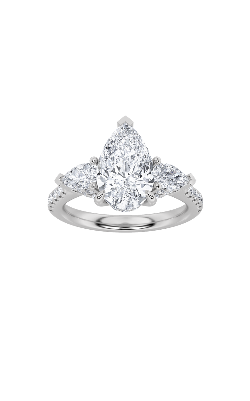 3Cttw Pear Shaped Lab Grown Diamond (F/VS) Three Stone Accented Engagement Ring in 14K Gold
