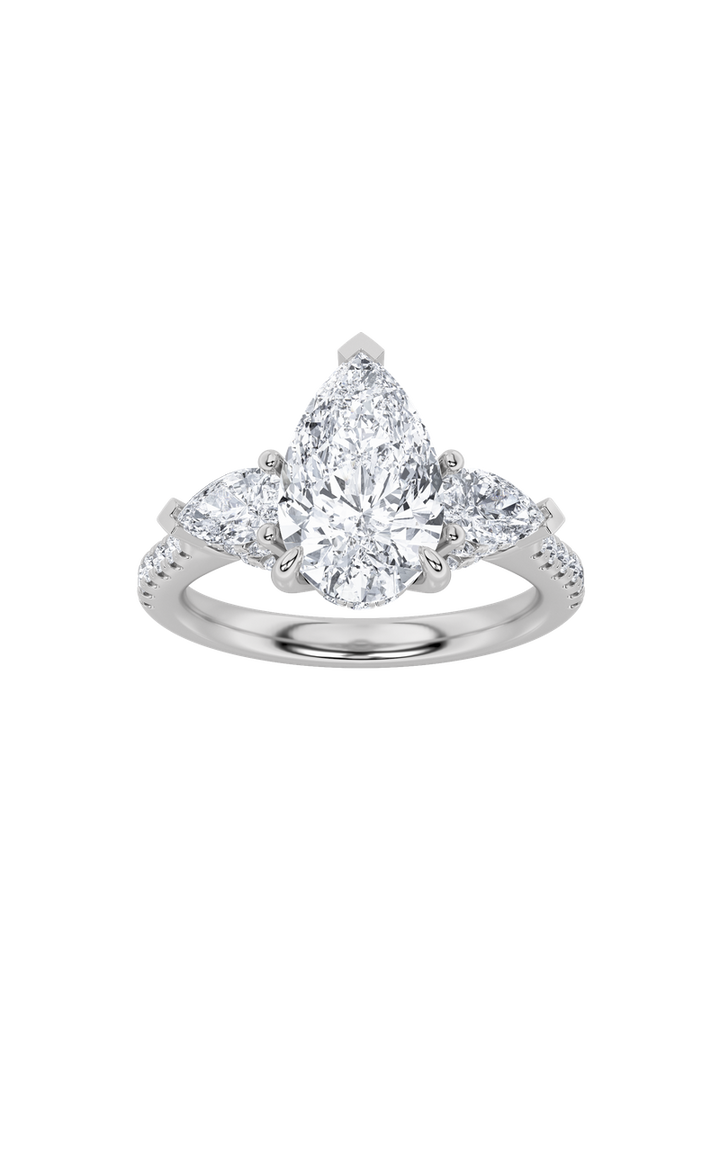 3Cttw Pear Shaped Lab Grown Diamond (F/VS) Three Stone Accented Engagement Ring in 14K Gold