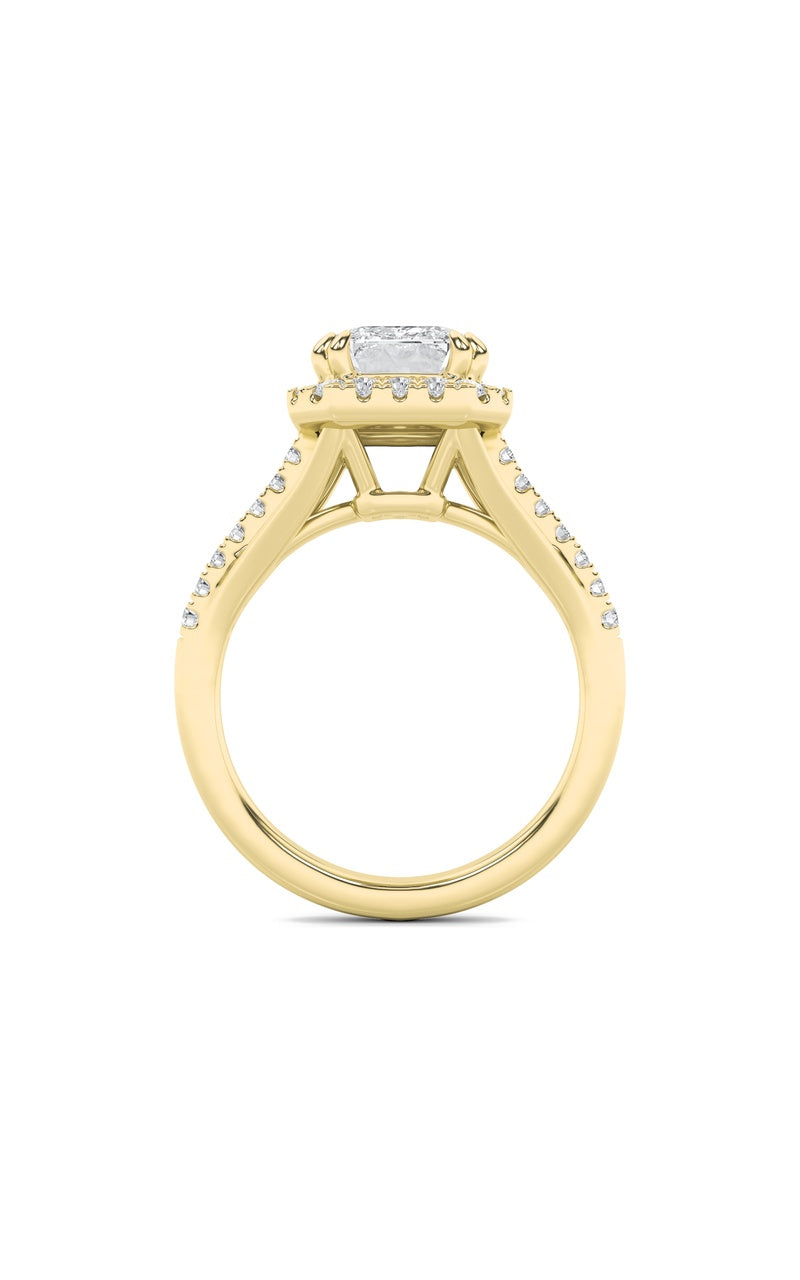 3Cttw Emerald Shaped Lab Grown Diamond (F/VS) Halo Accented Engagement Ring in 14K Gold