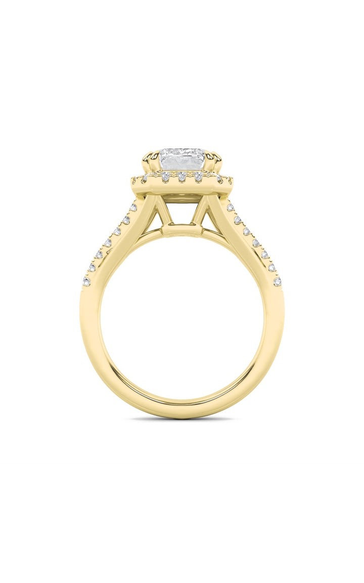 3Cttw Emerald Shaped Lab Grown Diamond (F/VS) Halo Accented Engagement Ring in 14K Gold