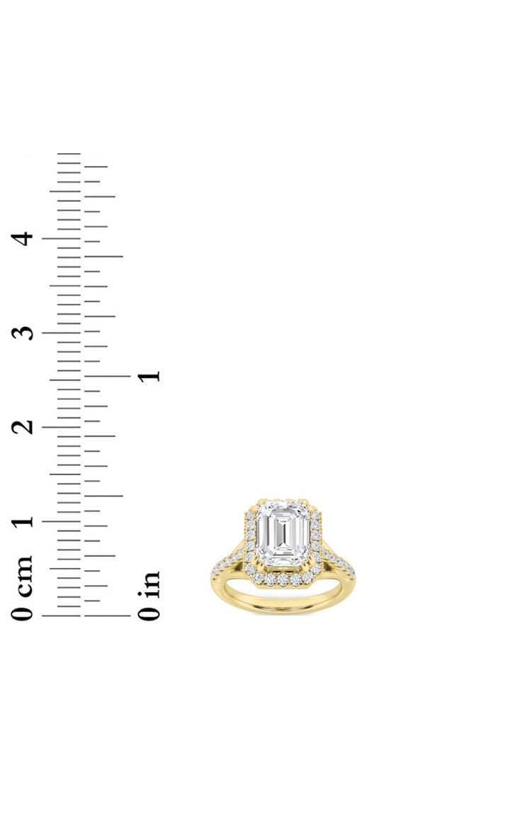 3Cttw Emerald Shaped Lab Grown Diamond (F/VS) Halo Accented Engagement Ring in 14K Gold