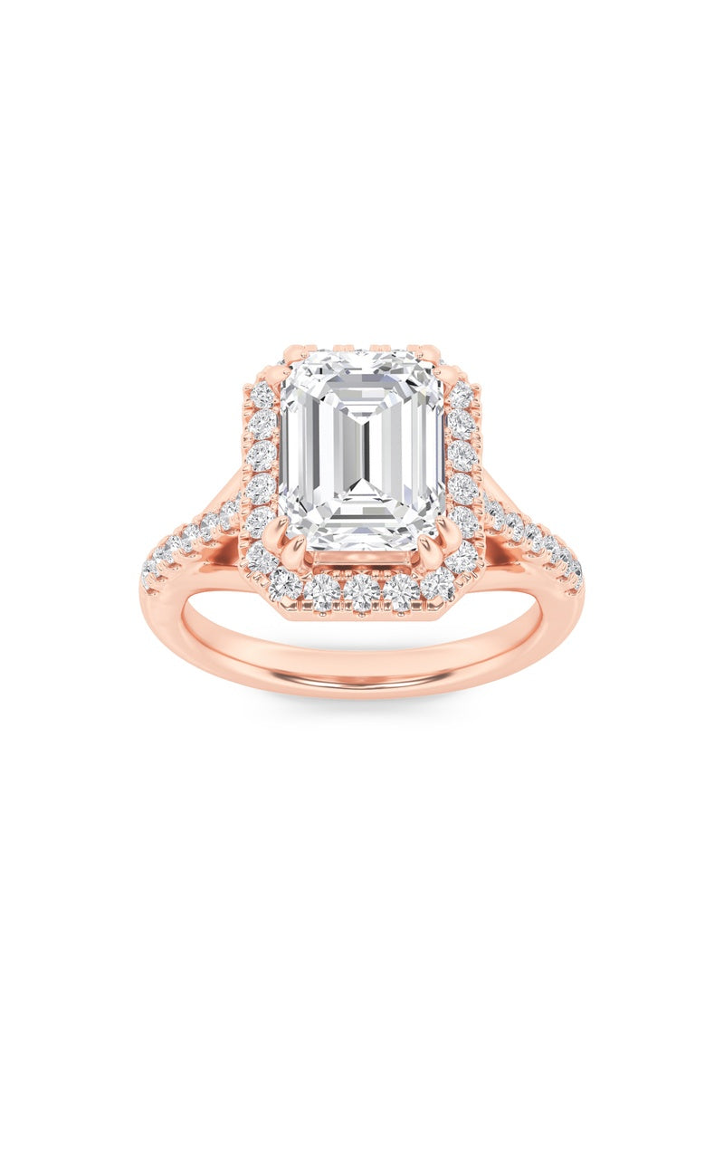 3Cttw Emerald Shaped Lab Grown Diamond (F/VS) Halo Accented Engagement Ring in 14K Gold
