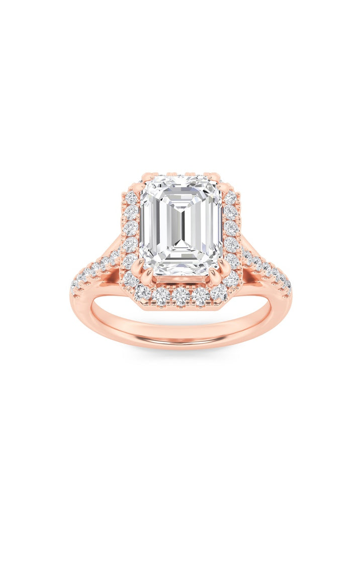3Cttw Emerald Shaped Lab Grown Diamond (F/VS) Halo Accented Engagement Ring in 14K Gold