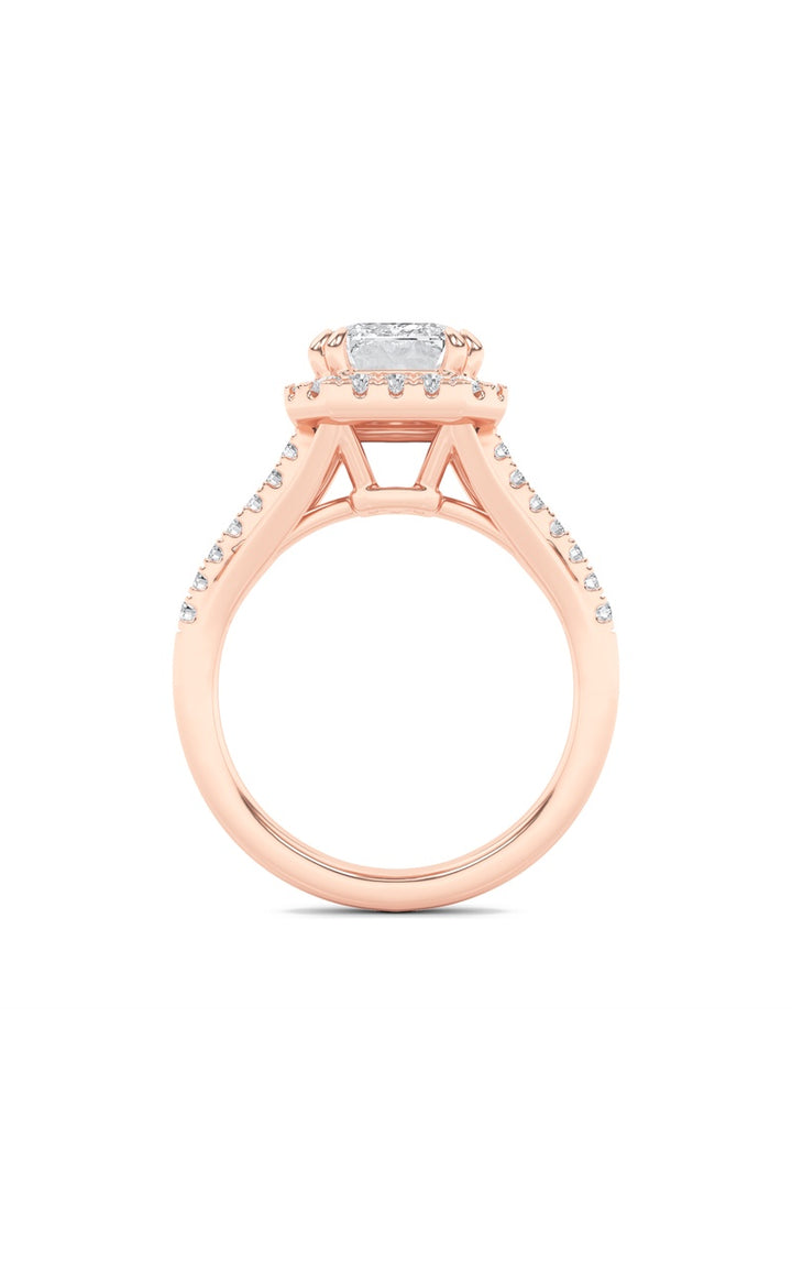3Cttw Emerald Shaped Lab Grown Diamond (F/VS) Halo Accented Engagement Ring in 14K Gold