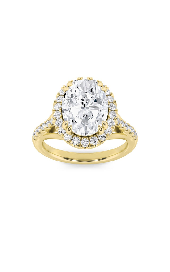 3Cttw Oval Shaped Lab Grown Diamond (F/VS) Halo Accented Engagement Ring in 14K Gold