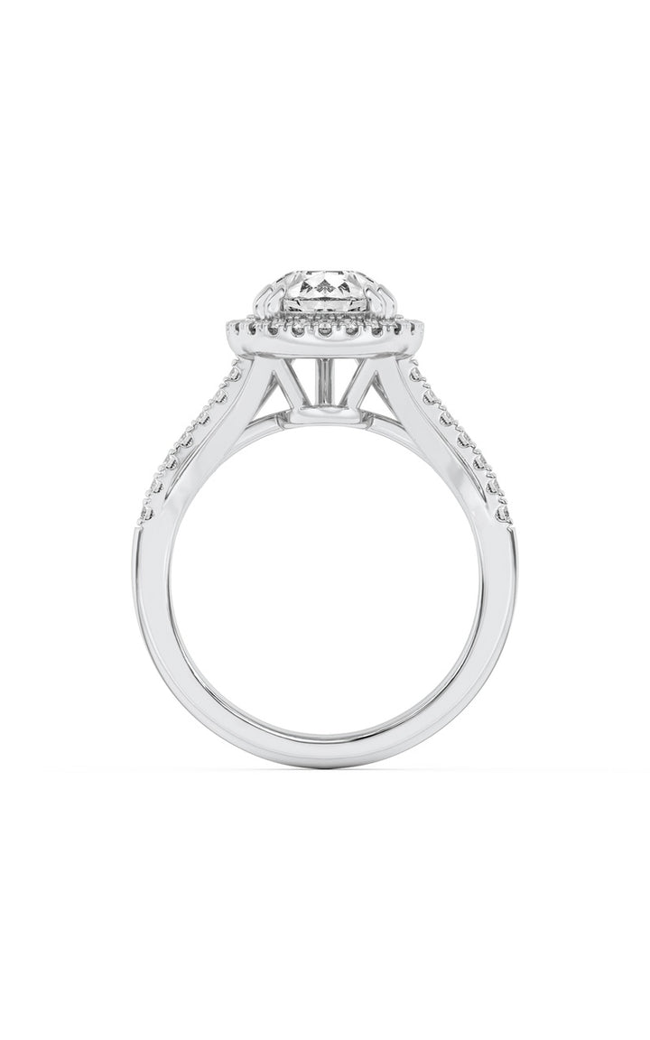 3Cttw Pear Shaped Lab Grown Diamond (F/VS) Halo Accented Engagement Ring in 14K Gold