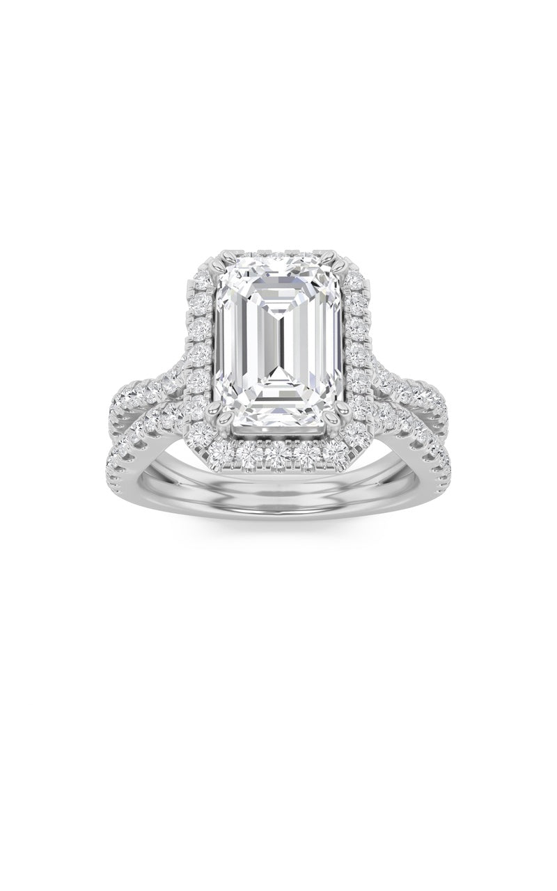 4Cttw Emerald Shaped Lab Grown Diamond (F/VS) Split Shank Halo Engagement Ring in 14K Gold