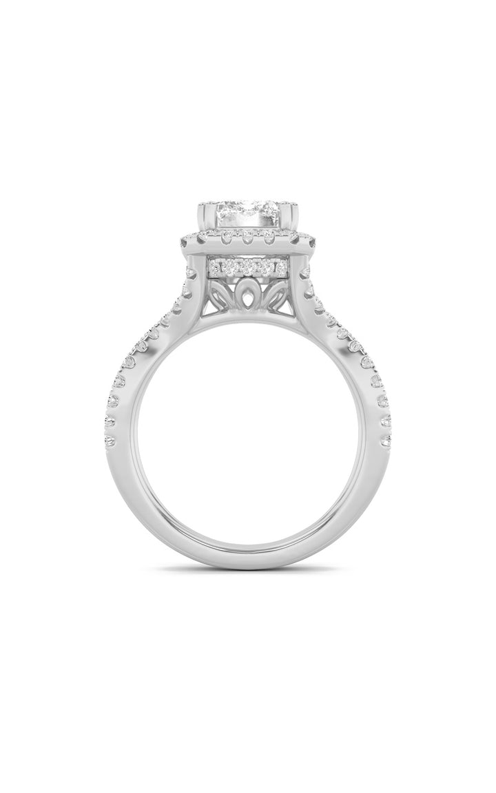 4Cttw Emerald Shaped Lab Grown Diamond (F/VS) Split Shank Halo Engagement Ring in 14K Gold