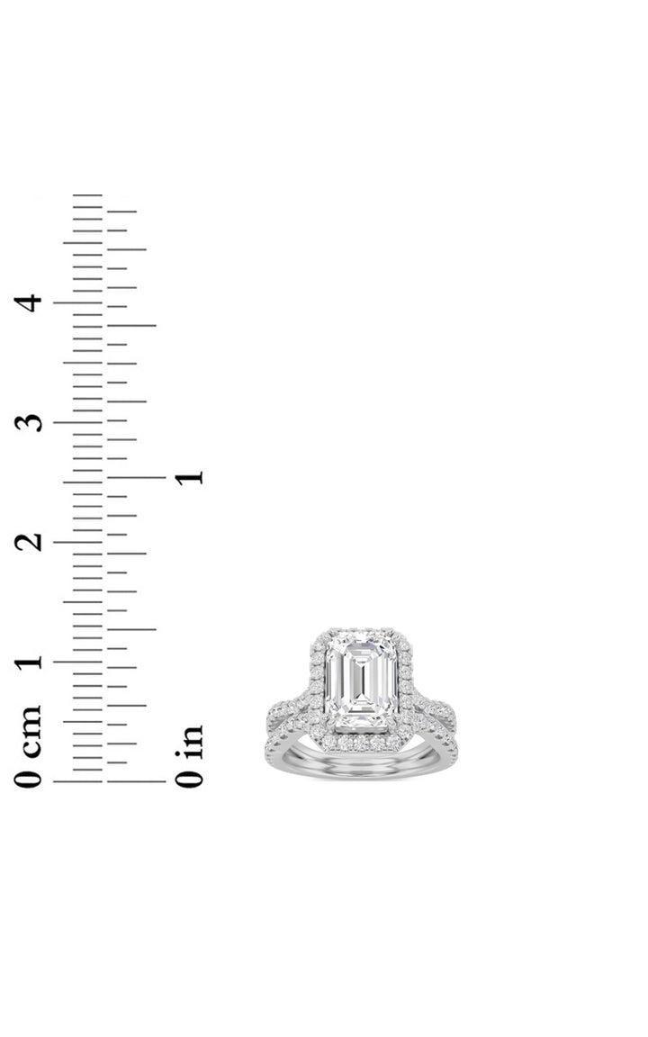 4Cttw Emerald Shaped Lab Grown Diamond (F/VS) Split Shank Halo Engagement Ring in 14K Gold