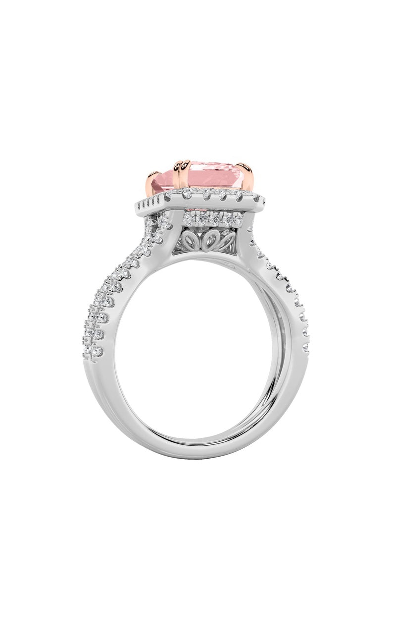 4Cttw Emerald Shaped Lab Grown Diamond (F/VS) Split Shank Halo Engagement Ring in 14K Gold