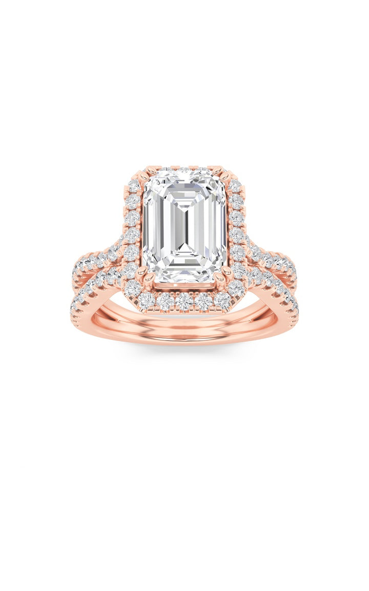 4Cttw Emerald Shaped Lab Grown Diamond (F/VS) Split Shank Halo Engagement Ring in 14K Gold