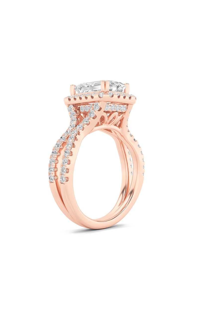4Cttw Emerald Shaped Lab Grown Diamond (F/VS) Split Shank Halo Engagement Ring in 14K Gold