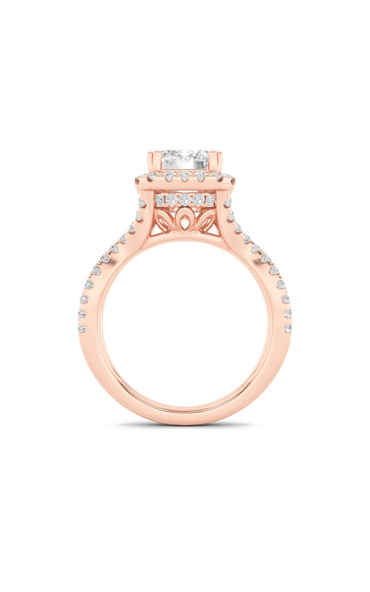 4Cttw Emerald Shaped Lab Grown Diamond (F/VS) Split Shank Halo Engagement Ring in 14K Gold