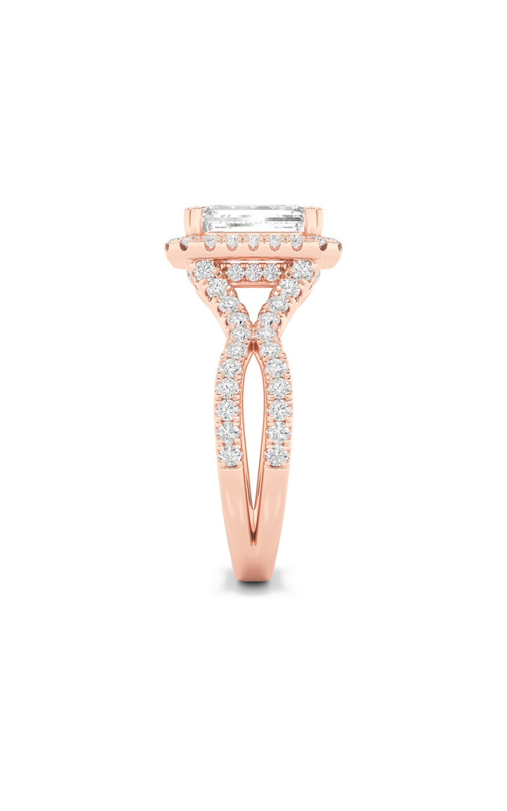 4Cttw Emerald Shaped Lab Grown Diamond (F/VS) Split Shank Halo Engagement Ring in 14K Gold