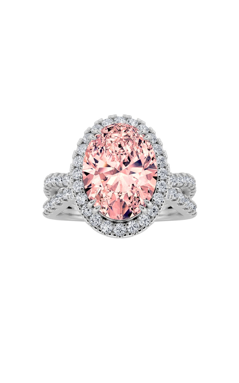 4Cttw Oval Shaped Lab Grown Diamond (F/VS) Split Shank Halo Engagement Ring in 14K Gold