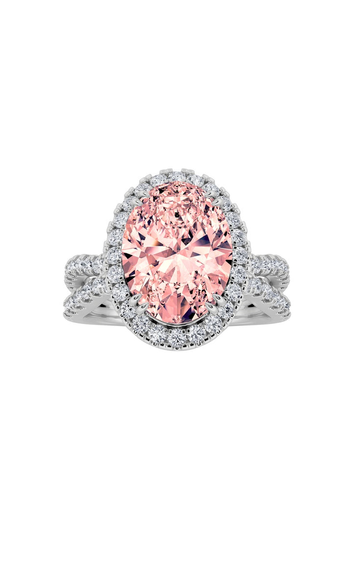 4Cttw Oval Shaped Lab Grown Diamond (F/VS) Split Shank Halo Engagement Ring in 14K Gold