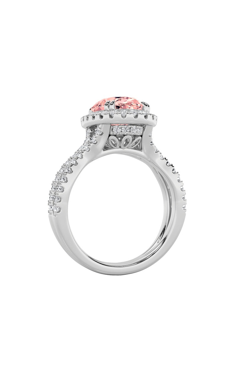 4Cttw Oval Shaped Lab Grown Diamond (F/VS) Split Shank Halo Engagement Ring in 14K Gold