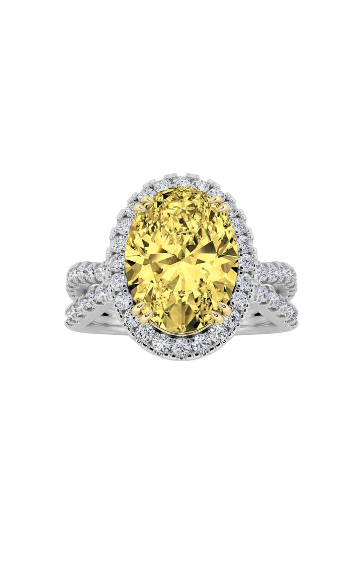 4Cttw Oval Shaped Lab Grown Diamond (F/VS) Split Shank Halo Engagement Ring in 14K Gold